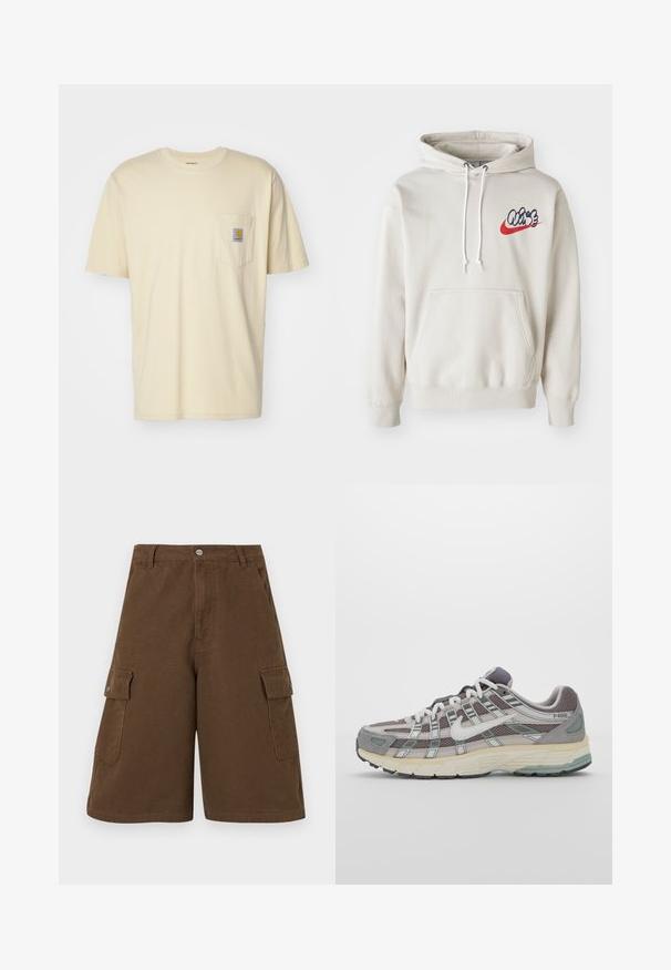 Kremfarget hettegenser med frontlomme og hvite snorer, med en stilisert "Air"-logo i blått og rødt på brystet.; Carhartt WIP POCKET - T-shirts - cornsilk; Brune cargo shorts med rett snitt, to sidelommer og frontlukking med knapp. Laget av slitesterk bomullsstoff med en matt finish.; Grå treningssko med overdel i nett og semsket skinn, hvite detaljer, en polstret såle, og et særpreget design med reflekterende elementer.