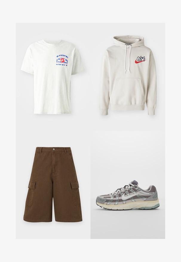 Cream-colored hoodie featuring a front pocket and white drawstrings, with a stylized "Air" logo in blue and red on the chest.; Light gray cotton t-shirt with a crew neck. Features a blue and red "NIKE HOOPS" graphic on the front. Short sleeves, relaxed fit.; Brown cargo shorts featuring a straight cut, two side pockets, and a front button closure. Made from durable cotton fabric with a matte finish.; Gray athletic shoe featuring a mesh and suede upper, white accents, a cushioned sole, and a distinctive design with reflective elements.