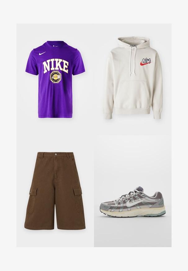 Grietos spalvos džemperis su priekiu kišene ir baltais raišteliais, krūtinėje su stilizuotu "Air" logotipu mėlynos ir raudonos spalvos.; Violet medvilninė marškinėliai su baltais "NIKE" tekstu, apibrėžtu geltonu kontūru, o po juo centre yra Los Andželo Lakers logotipas. Apvalus kaklas ir trumpomis rankovėmis.; Rudi cargo šortai su tiesia iškirpte, dviem šoninėmis kišenėmis ir priekyje užsegimo mygtuku. Pagaminti iš tvirtos medvilnės audinio su matinio paviršiaus apdaila.; Pilkas sportinis batas su tinklu ir zomšos viršutine dalimi, baltomis detalėmis, paminkštintu padu ir išskirtiniu dizainu su atspindinčiais elementais.