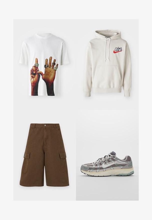 Cream-colored hoodie featuring a front pocket and white drawstrings, with a stylized "Air" logo in blue and red on the chest.; Jordan JORDAN FLIGHT MVP - Print T-shirt - sail black; Brown cargo shorts featuring a straight cut, two side pockets, and a front button closure. Made from durable cotton fabric with a matte finish.; Gray athletic shoe featuring a mesh and suede upper, white accents, a cushioned sole, and a distinctive design with reflective elements.