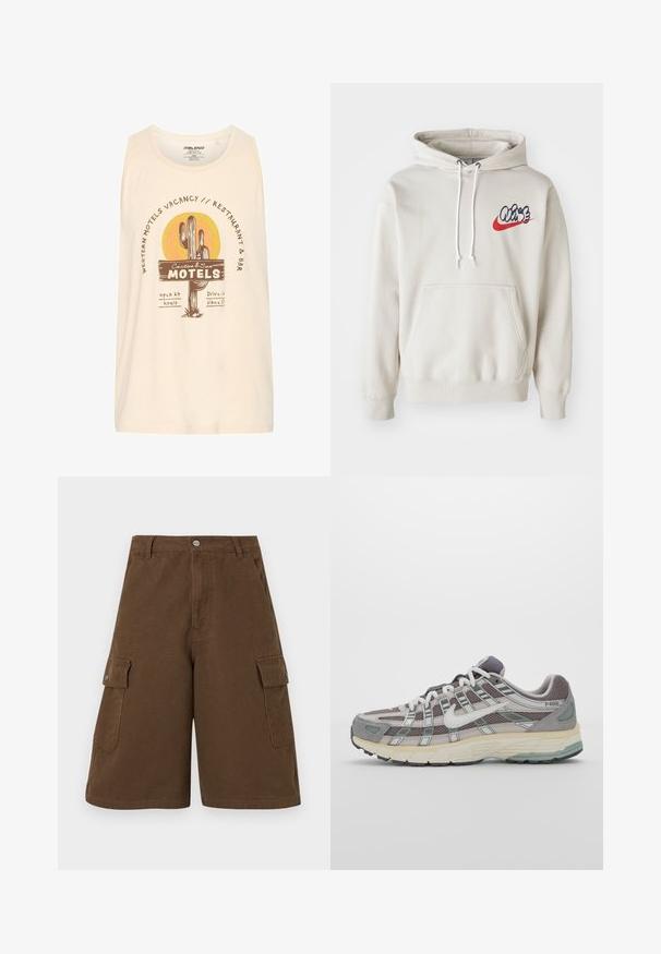 Kreemjas värvitoonis kapuutsiga särk, millel on ees tasku ja valged nöörid, ning rinnal stiliseeritud sinine ja punane "Air" logo.; Kreemivärvi särk, millel on graafiline kujundus kaktuse ja päikesega. Tekst sisaldab "Lääne motellid vabanevad" ja "Kaktus & Päike motellid."; Prunad värvilised cargo lühikesed püksid, millel on sirge lõige, kaks külgtaskut ja ees nupuga sulgur. Valmistatud vastupidavast puuvillaste kangast, millel on mati viimistluse.; Hallus hallitus jalanõud, millel on võrgust ja sametist ülemine osa, valged rõhutused, pehme tald ning eristuv disain peegelduvate elementidega.