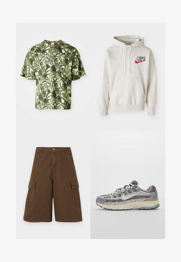 Krēma krāsas kapuce ar priekšējo kabatu un baltām auklām, uz krūtīm ar stilizētu "Air" logo zilā un sarkanā krāsā.; Zaļa īsām piedurknēm T-kreklis ar teksturētu lapu rakstu, kuram ir oranžs akcents apkaklē un brīvs piegriezums. Izgatavots no elpojoša materiāla.; Brūni kravas šorti ar taisnu piegriezumu, divām sānu kabatām un priekšējo pogu aizdari. Izgatavoti no izturīga kokvilnas auduma ar matētu apdari.; Pelēkie sporta apavi ar tīkla un zamša augšdaļu, baltiem akcentiem, mīkstinātu zoli un izcilu dizainu ar atstarotājiem.