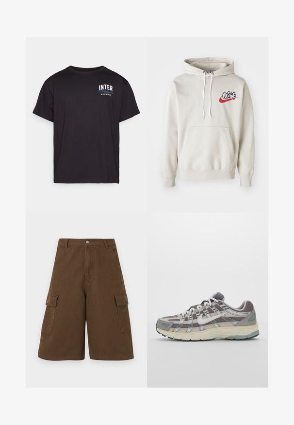 Kreemjas värvitoonis kapuutsiga särk, millel on ees tasku ja valged nöörid, ning rinnal stiliseeritud sinine ja punane "Air" logo.; Mustan puuvillasein t-särk, lühikeste varrukatega, millel on rinnaosas valge ja sinine trükitud tekst "INTER" ja "Nerazzurri". Mugav lõikega.; Prunad värvilised cargo lühikesed püksid, millel on sirge lõige, kaks külgtaskut ja ees nupuga sulgur. Valmistatud vastupidavast puuvillaste kangast, millel on mati viimistluse.; Hallus hallitus jalanõud, millel on võrgust ja sametist ülemine osa, valged rõhutused, pehme tald ning eristuv disain peegelduvate elementidega.