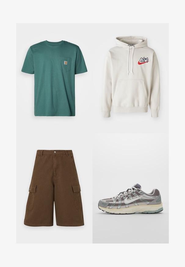 Krémová mikina s kapucí, která má přední kapsu a bílé šňůrky, s stylizovaným logem "Air" v modré a červené barvě na hrudi.; Tyrkysové bavlněné tričko s krátkými rukávy, kulatým výstřihem a kapsou na levé straně hrudi s čtvercovou nášivkou loga.; Hnědé cargo šortky se rovný střihem, dvěma bočními kapsami a předním zapínáním na knoflík. Vyrobené z odolné bavlněné tkaniny s matným povrchem.; Šedá sportovní obuv s vrchní částí z mikrovlákna a semiše, bílými akcenty, polstrovanou podrážkou a jedinečným designem s reflexními prvky.