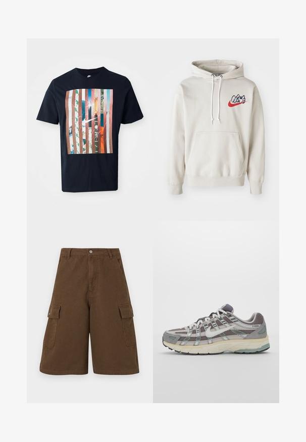 Grietos spalvos džemperis su priekiu kišene ir baltais raišteliais, krūtinėje su stilizuotu "Air" logotipu mėlynos ir raudonos spalvos.; Jūrlinijos marškiniai su grafiniu dizainu, kuriame yra vertikalios juostos įvairių atspalvių, susijungiančios su miesto vaizdais ir Nike logotipu.; Rudi cargo šortai su tiesia iškirpte, dviem šoninėmis kišenėmis ir priekyje užsegimo mygtuku. Pagaminti iš tvirtos medvilnės audinio su matinio paviršiaus apdaila.; Pilkas sportinis batas su tinklu ir zomšos viršutine dalimi, baltomis detalėmis, paminkštintu padu ir išskirtiniu dizainu su atspindinčiais elementais.