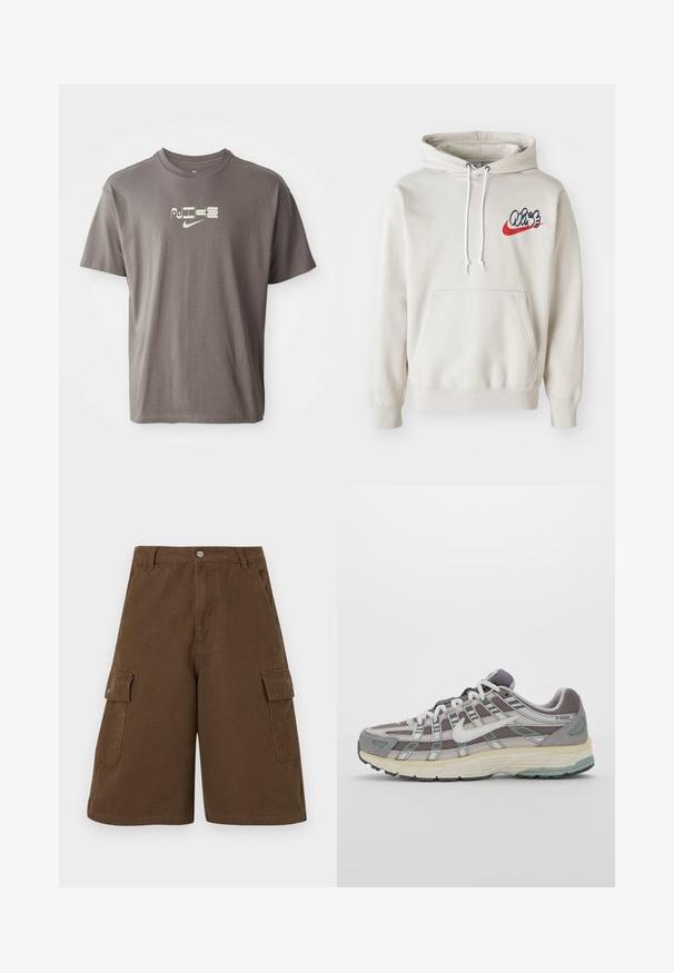 Cream-colored hoodie featuring a front pocket and white drawstrings, with a stylized "Air" logo in blue and red on the chest.; Brown short-sleeve t-shirt with a light-colored "Nike" logo printed on the front, featuring a casual, relaxed fit.; Brown cargo shorts featuring a straight cut, two side pockets, and a front button closure. Made from durable cotton fabric with a matte finish.; Gray athletic shoe featuring a mesh and suede upper, white accents, a cushioned sole, and a distinctive design with reflective elements.