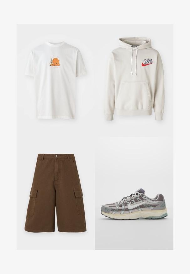 Grietos spalvos džemperis su priekiu kišene ir baltais raišteliais, krūtinėje su stilizuotu "Air" logotipu mėlynos ir raudonos spalvos.; Balta medvilninė marškinėliai su apvaliu iškirpimu. Priekinėje dalyje pavaizduotas oranžinis animacinis personažas, apsuptas gėlių ir rožinės spalvos teksto.; Rudi cargo šortai su tiesia iškirpte, dviem šoninėmis kišenėmis ir priekyje užsegimo mygtuku. Pagaminti iš tvirtos medvilnės audinio su matinio paviršiaus apdaila.; Pilkas sportinis batas su tinklu ir zomšos viršutine dalimi, baltomis detalėmis, paminkštintu padu ir išskirtiniu dizainu su atspindinčiais elementais.