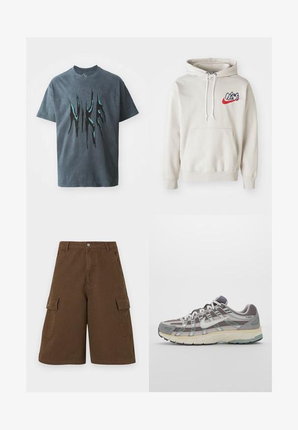 Cremefarvet hoodie med en frontlomme og hvide snortræk, prydet med et stiliseret "Air" logo i blå og rød på brystet.; Mørkegrå bomulds T-shirt med en afslappet pasform. Har et fedt, forvrænget sort og teal "Nike" logo design over fronten. Korte ærmer.; Brune cargo shorts med lige snit, to sidelommer og knaplukning foran. Fremstillet af slidstærkt bomuldsstof med en mat finish.; Grå sportssko med overdel i mesh og ruskind, hvide accenter, en polstret sål og et særpræget design med reflekterende elementer.
