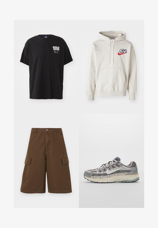 Krēma krāsas kapuce ar priekšējo kabatu un baltām auklām, uz krūtīm ar stilizētu "Air" logo zilā un sarkanā krāsā.; Melna kokvilnas T-kreklu ar apaļu kakla izgriezumu, īsām piedurknēm un baltu drukātu uzrakstu "1894 House Of Hyperbia" kreisajā krūtis daļā.; Brūni kravas šorti ar taisnu piegriezumu, divām sānu kabatām un priekšējo pogu aizdari. Izgatavoti no izturīga kokvilnas auduma ar matētu apdari.; Pelēkie sporta apavi ar tīkla un zamša augšdaļu, baltiem akcentiem, mīkstinātu zoli un izcilu dizainu ar atstarotājiem.