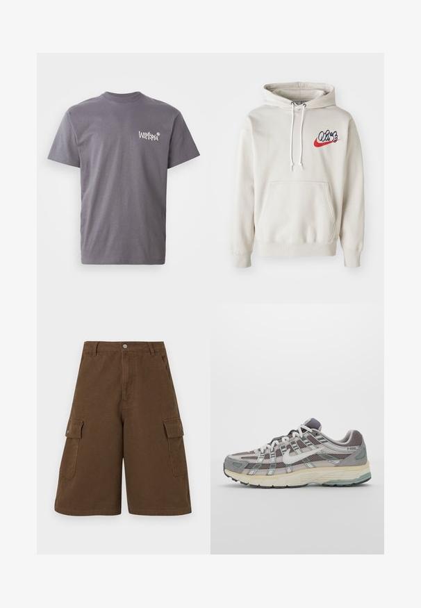 Hoodie creme, com um bolso frontal e cordões brancos, apresentando um logo estilizado "Air" em azul e vermelho no peito.; T-shirt de algodão cinza com decote redondo e mangas curtas, com o logotipo branco "Witopia" impresso na parte esquerda do peito.; Bermudas castanhas com corte reto, dois bolsos laterais e fecho frontal com botão. Feitas em tecido de algodão durável com acabamento mate.; Sapatilha atlética cinza com parte superior em malha e camurça, detalhes brancos, sola acolchoada e um design distinto com elementos refletivos.