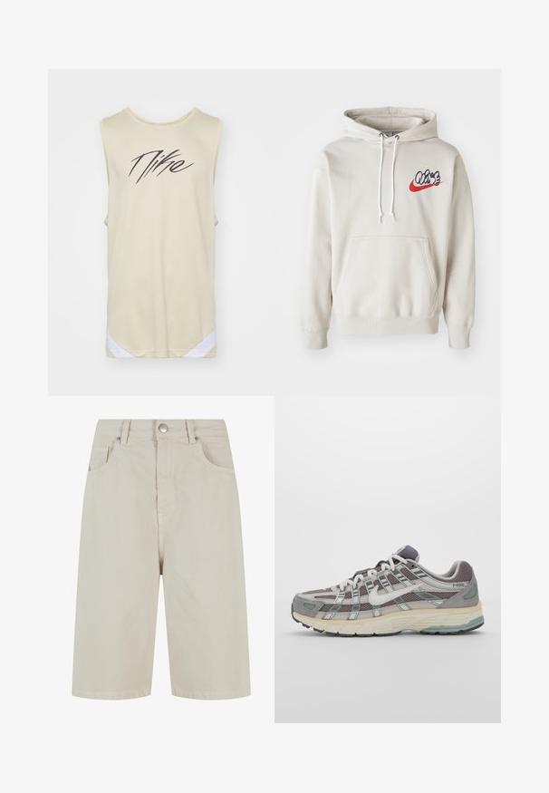 Kremeni dukserica s kapuljačom koja ima prednju džep i bijele uzice, s stiliziranim "Air" logotipom u plavoj i crvenoj boji na prsima.; Nike Performance ICON  - Top - team gold/white/black; Bež traperice kratke hlače ravnog kroja, s bočnim kopčanjem na gumbe i četiri džepa. Tkanina ima glatku teksturu i minimalne šavove.; Siva sportska tenisica s gornjim dijelom od mrežaste tkanine i zamshta, bijelim detaljima, amortizirajućom potplatom i prepoznatljivim dizajnom s refleksivnim elementima.