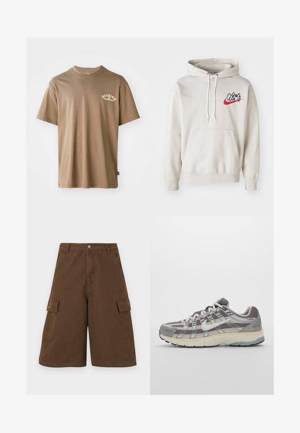 Grietos spalvos džemperis su priekiu kišene ir baltais raišteliais, krūtinėje su stilizuotu "Air" logotipu mėlynos ir raudonos spalvos.; Ruda medvilnė marškinėliai su apvalia iškirpte, trumpomis rankovėmis ir balta logo, kuri skelbia "Dickies Workwear", kairėje krūtinės pusėje.; Rudi cargo šortai su tiesia iškirpte, dviem šoninėmis kišenėmis ir priekyje užsegimo mygtuku. Pagaminti iš tvirtos medvilnės audinio su matinio paviršiaus apdaila.; Pilkas sportinis batas su tinklu ir zomšos viršutine dalimi, baltomis detalėmis, paminkštintu padu ir išskirtiniu dizainu su atspindinčiais elementais.