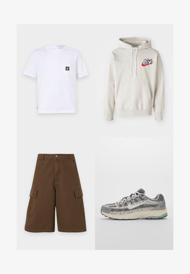 Crème kleurige hoodie met een voorzak en witte koordjes, voorzien van een gestileerd "Air" logo in blauw en rood op de borst.; Witte T-shirt met korte mouwen gemaakt van katoen, met een borstzakje aan de voorkant met een zwarte labeldetail. Eenvoudig ontwerp en normale pasvorm.; Bruine cargoshorts met een rechte snit, twee zijzakken en een sluiting met knoop aan de voorkant. Gemaakt van duurzaam katoen met een matte afwerking.; Grijze sportieve schoen met een bovenwerk van mesh en suede, witte accenten, een gevoerde zool en een onderscheidend ontwerp met reflecterende elementen.