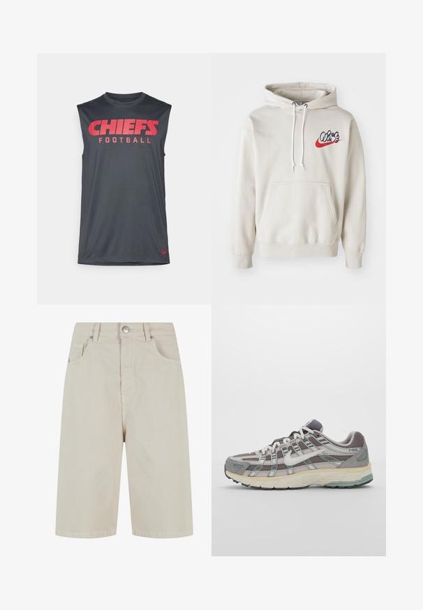 Krémová mikina s kapucňou, ktorá má predné vrecko a biele šnúrky, s štýlizovaným logom "Air" v modrej a červenej farbe na hrudi.; Sivá bezrukávová košeľa s červeným textom "CHIEFS FOOTBALL" na prednej strane a malým červeným logom Nike na spodnom okraji. Hladká, atletická tkanina.; Bežové deninové šortky so priamej strihom, s predným zapínaním na gombík a štyrmi vreckami. Materiál má hladkú textúru a minimálne švy.; Šedá športová obuv so zvrškom z nylonu a semišu, bielymi akcentmi, polstrovanou podrážkou a jedinečným dizajnom s reflexnými prvkami.