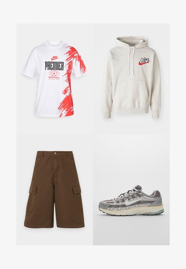 Hoodie creme, com um bolso frontal e cordões brancos, apresentando um logo estilizado "Air" em azul e vermelho no peito.; Camiseta de algodão branca com padrões de pinceladas vermelhas de um lado, com texto preto a dizer "Nike Premier Football Training Gear."; Bermudas castanhas com corte reto, dois bolsos laterais e fecho frontal com botão. Feitas em tecido de algodão durável com acabamento mate.; Sapatilha atlética cinza com parte superior em malha e camurça, detalhes brancos, sola acolchoada e um design distinto com elementos refletivos.