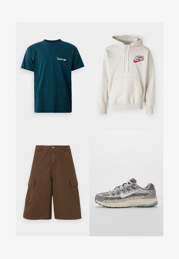 Hoodie de couleur crème avec une poche frontale et des cordons blancs, et un logo "Air" stylisé en bleu et rouge sur la poitrine.; T-shirt en coton teal à manches courtes et col rond. Présente un imprimé graphique "Carhartt WIP" à l'avant en blanc.; Shorts en coton marron de coupe droite, avec deux poches latérales et une fermeture à bouton à l'avant. Fabriqués à partir d'un tissu en coton durable avec une finition mate.; Chaussure de sport grise avec une tige en mesh et en daim, accents blancs, semelle rembourrée et un design distinctif avec des éléments réfléchissants.