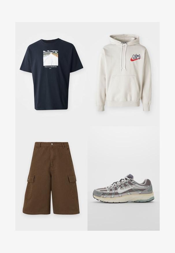 Hoodie de couleur crème avec une poche frontale et des cordons blancs, et un logo "Air" stylisé en bleu et rouge sur la poitrine.; T-shirt en coton bleu marine à manches courtes, présentant un graphique carré d'une route avec un design tourbillonnant, et le texte "Il n'y a pas de ligne d'arrivée" en blanc.; Shorts en coton marron de coupe droite, avec deux poches latérales et une fermeture à bouton à l'avant. Fabriqués à partir d'un tissu en coton durable avec une finition mate.; Chaussure de sport grise avec une tige en mesh et en daim, accents blancs, semelle rembourrée et un design distinctif avec des éléments réfléchissants.