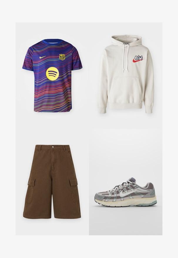 Krémszínű kapucnis pulóver, elülső zsebbel és fehér húzózsinórokkal, kék és piros színű stilizált "Air" logóval a mellkasán.; Barcelona labdarúgó mez kék színben, piros és sárga hullámmintákkal. A mellkason Nike logó és sárga Spotify logó található.; Barna cargo sort, egyenes szabással, két oldalzsebbel és első gombos záródással. Tartós pamut anyagból készült, matt kivitelben.; Szürke sportcipő, hálós és velúr felsőrésszel, fehér részletekkel, párnázott talppal és jellegzetes dizájnnal, amely visszaverő elemeket tartalmaz.