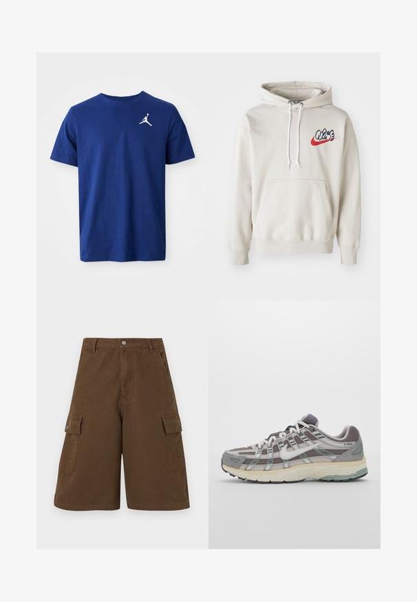 Grietos spalvos džemperis su priekiu kišene ir baltais raišteliais, krūtinėje su stilizuotu "Air" logotipu mėlynos ir raudonos spalvos.; Mėlyna trumpomis rankovėmis apvalia iškirpėle marškinėliai su balta Jumpman logo kairiajame krūtinės šone.; Rudi cargo šortai su tiesia iškirpte, dviem šoninėmis kišenėmis ir priekyje užsegimo mygtuku. Pagaminti iš tvirtos medvilnės audinio su matinio paviršiaus apdaila.; Pilkas sportinis batas su tinklu ir zomšos viršutine dalimi, baltomis detalėmis, paminkštintu padu ir išskirtiniu dizainu su atspindinčiais elementais.