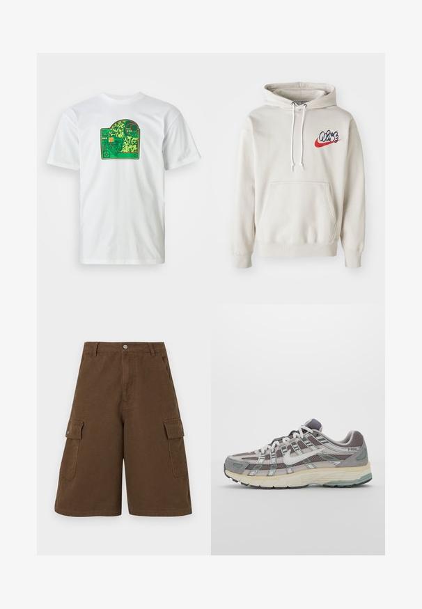 Hoodie creme, com um bolso frontal e cordões brancos, apresentando um logo estilizado "Air" em azul e vermelho no peito.; T-shirt de algodão branca com uma ilustração de placa de circuito verde, apresentando padrões intrincados, acentos vermelhos e um elemento de design em camadas.; Bermudas castanhas com corte reto, dois bolsos laterais e fecho frontal com botão. Feitas em tecido de algodão durável com acabamento mate.; Sapatilha atlética cinza com parte superior em malha e camurça, detalhes brancos, sola acolchoada e um design distinto com elementos refletivos.