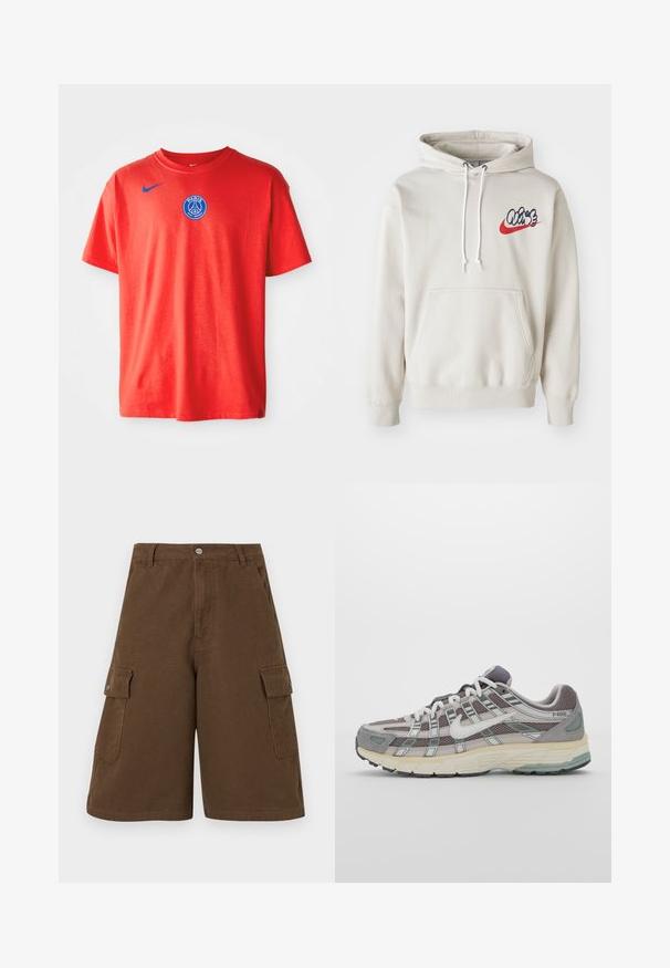 Hanorac de culoare crem, cu un buzunar frontal și șnururi albe, având un logo stilizat "Air" în albastru și roșu pe piept.; Tricou roșu din bumbac, cu un logo Nike albastru pe umărul stâng și un emblem albastru Paris Saint-Germain la mijlocul pieptului. Mâneci scurte.; Pantaloni scurți cargo de culoare maro, cu o croială dreaptă, două buzunare laterale și închidere frontală cu nasture. Fabricat dintr-un material de bumbac durabil cu un finisaj mat.; Pantofii sport gri sunt realizați dintr-un amestec de plasă și piele întoarsă, cu accente albe, o talpă bine îmbrăcată și un design distinctiv cu elemente reflectorizante.