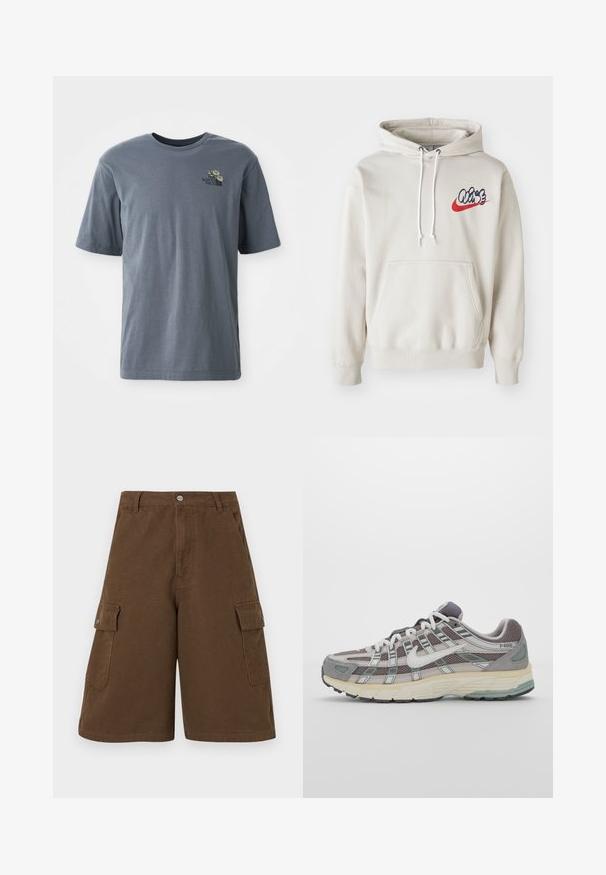 Kreemjas värvitoonis kapuutsiga särk, millel on ees tasku ja valged nöörid, ning rinnal stiliseeritud sinine ja punane "Air" logo.; Hallitus hall karvaga T-särk, millel on lühikesed varrukad, valmistatud puuvillast. Vasakul rinnal on väike tikandiga logo ja lillemustrid.; Prunad värvilised cargo lühikesed püksid, millel on sirge lõige, kaks külgtaskut ja ees nupuga sulgur. Valmistatud vastupidavast puuvillaste kangast, millel on mati viimistluse.; Hallus hallitus jalanõud, millel on võrgust ja sametist ülemine osa, valged rõhutused, pehme tald ning eristuv disain peegelduvate elementidega.