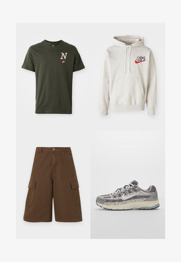 Cream-colored hoodie featuring a front pocket and white drawstrings, with a stylized "Air" logo in blue and red on the chest.; Olive green cotton t-shirt with short sleeves, featuring a large patterned "N" logo in beige and a small pink Nike swoosh on the chest.; Brown cargo shorts featuring a straight cut, two side pockets, and a front button closure. Made from durable cotton fabric with a matte finish.; Gray athletic shoe featuring a mesh and suede upper, white accents, a cushioned sole, and a distinctive design with reflective elements.