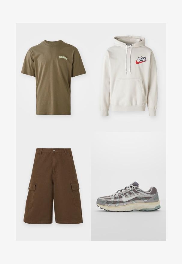 Krémová mikina s kapucí, která má přední kapsu a bílé šňůrky, s stylizovaným logem "Air" v modré a červené barvě na hrudi.; Olivově zelené bavlněné tričko s krátkými rukávy, kulatým výstřihem a malým bílým logem "Dickies" tištěným na levé hrudi. Hladká textura.; Hnědé cargo šortky se rovný střihem, dvěma bočními kapsami a předním zapínáním na knoflík. Vyrobené z odolné bavlněné tkaniny s matným povrchem.; Šedá sportovní obuv s vrchní částí z mikrovlákna a semiše, bílými akcenty, polstrovanou podrážkou a jedinečným designem s reflexními prvky.