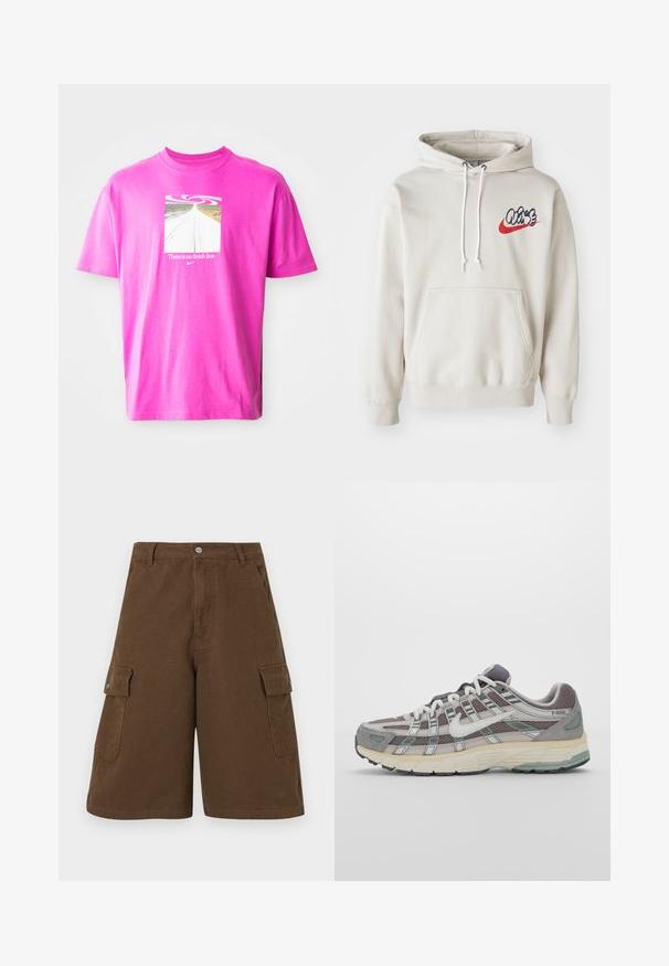 Krémová mikina s kapucí, která má přední kapsu a bílé šňůrky, s stylizovaným logem "Air" v modré a červené barvě na hrudi.; Růžové bavlněné tričko s krátkým rukávem, které má čtvercový grafický motiv s klikatou silnicí a textem "Neexistuje cílová čára" pod vířícím vzorem.; Hnědé cargo šortky se rovný střihem, dvěma bočními kapsami a předním zapínáním na knoflík. Vyrobené z odolné bavlněné tkaniny s matným povrchem.; Šedá sportovní obuv s vrchní částí z mikrovlákna a semiše, bílými akcenty, polstrovanou podrážkou a jedinečným designem s reflexními prvky.