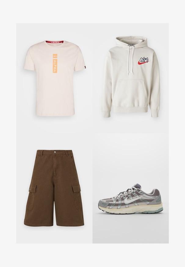 Crème kleurige hoodie met een voorzak en witte koordjes, voorzien van een gestileerd "Air" logo in blauw en rood op de borst.; Lichtroze t-shirt met korte mouwen, gemaakt van katoen, met een verticale oranje "ALPHA" logo in het midden en een rode merklabel op de nek.; Bruine cargoshorts met een rechte snit, twee zijzakken en een sluiting met knoop aan de voorkant. Gemaakt van duurzaam katoen met een matte afwerking.; Grijze sportieve schoen met een bovenwerk van mesh en suede, witte accenten, een gevoerde zool en een onderscheidend ontwerp met reflecterende elementen.