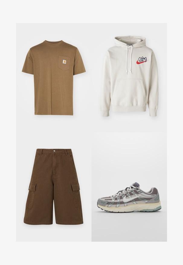 Kremna kapuca z žepom spredaj in belimi vrvicami, s stiliziranim logotipom "Air" v modri in rdeči barvi na prsih.; Rjava bombažna majica s kratkimi rokavi in okroglim izrezom. Ima žep na levi strani prsnega dela z belo oznako logotipa. Gladka tekstura.; Rjave cargo kratke hlače z ravnim krojem, dvema stranskima žepoma in sprednjim gumbom. Narejene iz trpežnega bombažnega materiala z mat končno obdelavo.; Sive športne čevlje z zgornjim delom iz mrežastega in semiš materiala, belimi akcenti, oblazinjenim podplatom ter edinstvenim dizajnom z odsevnimi elementi.