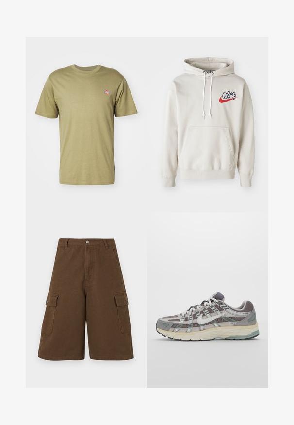 Krémszínű kapucnis pulóver, elülső zsebbel és fehér húzózsinórokkal, kék és piros színű stilizált "Air" logóval a mellkasán.; Olívazöld pamut póló rövid ujjakkal, kerek nyakkivágással és kis színes logóval a bal mellen. Egyszerű, klasszikus dizájn.; Barna cargo sort, egyenes szabással, két oldalzsebbel és első gombos záródással. Tartós pamut anyagból készült, matt kivitelben.; Szürke sportcipő, hálós és velúr felsőrésszel, fehér részletekkel, párnázott talppal és jellegzetes dizájnnal, amely visszaverő elemeket tartalmaz.