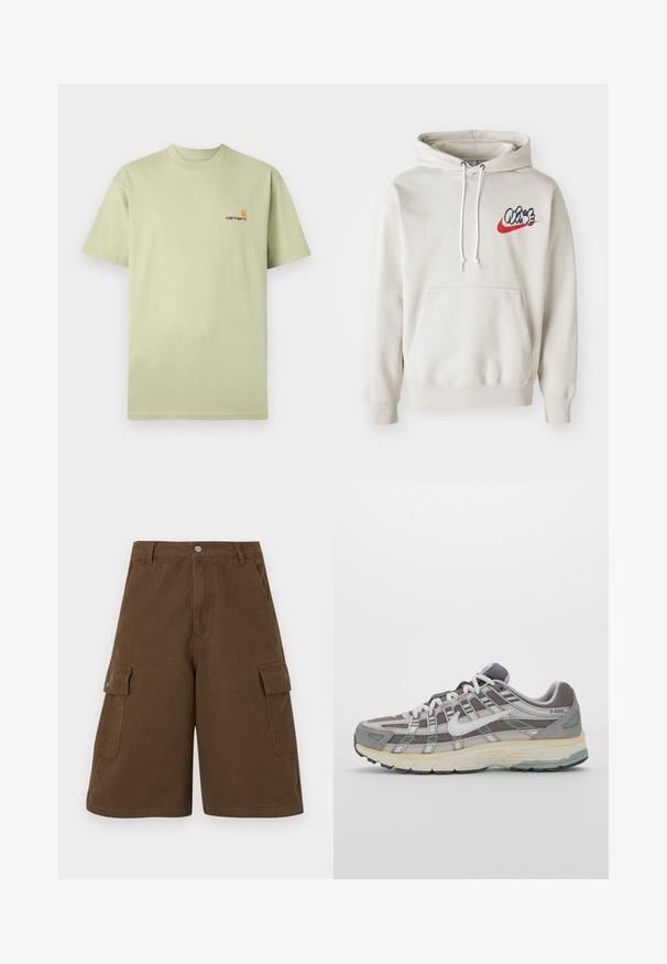 Kremowa bluza z kapturem z przednią kieszenią i białymi sznurkami, z stylizowanym logo "Air" w kolorze niebieskim i czerwonym na piersi.; Jasnozielona koszulka bawełniana z krótkim rękawem i okrągłym dekoltem. Posiada małe pomarańczowe i czerwone logo na górnej lewej części klatki piersiowej.; Brązowe szorty cargo o prostym kroju, z dwoma bocznymi kieszeniami i zapięciem na guziki z przodu. Wykonane z trwałej bawełnianej tkaniny o matowym wykończeniu.; Szare buty sportowe z siateczkowym i zamszowym wierzchem, białymi akcentami, amortyzowaną podeszwą oraz charakterystycznym designem z elementami odblaskowymi.