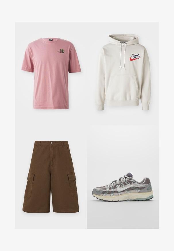 Cream-colored hoodie featuring a front pocket and white drawstrings, with a stylized "Air" logo in blue and red on the chest.; Pink cotton T-shirt featuring a round neckline, short sleeves, and a small graphic design with the brand logo on the chest.; Brown cargo shorts featuring a straight cut, two side pockets, and a front button closure. Made from durable cotton fabric with a matte finish.; Gray athletic shoe featuring a mesh and suede upper, white accents, a cushioned sole, and a distinctive design with reflective elements.