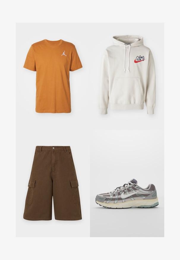Kremna kapuca z žepom spredaj in belimi vrvicami, s stiliziranim logotipom "Air" v modri in rdeči barvi na prsih.; Jordan JUMPMAN CREW - Navadna majica - desert bronze/white; Rjave cargo kratke hlače z ravnim krojem, dvema stranskima žepoma in sprednjim gumbom. Narejene iz trpežnega bombažnega materiala z mat končno obdelavo.; Sive športne čevlje z zgornjim delom iz mrežastega in semiš materiala, belimi akcenti, oblazinjenim podplatom ter edinstvenim dizajnom z odsevnimi elementi.