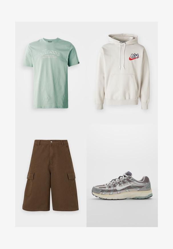 Grietos spalvos džemperis su priekiu kišene ir baltais raišteliais, krūtinėje su stilizuotu "Air" logotipu mėlynos ir raudonos spalvos.; Ellesse QUESCO TEE - Marškinėliai su spaudiniu - green; Rudi cargo šortai su tiesia iškirpte, dviem šoninėmis kišenėmis ir priekyje užsegimo mygtuku. Pagaminti iš tvirtos medvilnės audinio su matinio paviršiaus apdaila.; Pilkas sportinis batas su tinklu ir zomšos viršutine dalimi, baltomis detalėmis, paminkštintu padu ir išskirtiniu dizainu su atspindinčiais elementais.