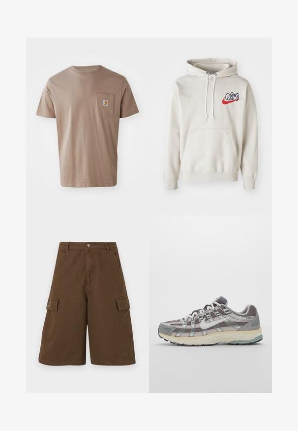 Krēma krāsas kapuce ar priekšējo kabatu un baltām auklām, uz krūtīm ar stilizētu "Air" logo zilā un sarkanā krāsā.; Brūns kokvilnas T-krekls ar īsām piedurknēm, ar krūšu kabatu un logo uzlīmi. Gluda tekstūra, standarta apļa izgriezums, brīvs piegriezums.; Brūni kravas šorti ar taisnu piegriezumu, divām sānu kabatām un priekšējo pogu aizdari. Izgatavoti no izturīga kokvilnas auduma ar matētu apdari.; Pelēkie sporta apavi ar tīkla un zamša augšdaļu, baltiem akcentiem, mīkstinātu zoli un izcilu dizainu ar atstarotājiem.