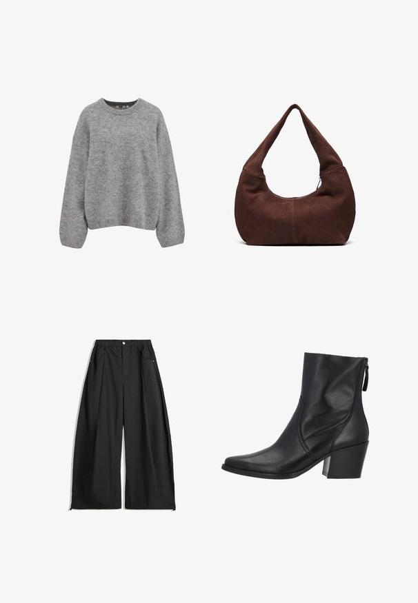 Mehka svetlo siva pletena jopica z dolgimi rokavi in ribastimi manšetami, robom in krojnim ovratnikom.; Rdeče in bele črte dolg rokav majica, z okroglo odprtino in sproščenim fitom. Mehak material z enakomernim vzorcem črt.; Črne široke hlače z visokim pasom, ki vključujejo izpustke, sprednje zapiranje na gumb in dve stranski žepi. Narejene iz tkanine z teksturiranim zaključkom.; Črne usnjene gležnjarje s koničastim nosom in srednje visokim blok petkom. Imajo stransko zadrgo in subtilne šive.; Rjava semiš torba hobo z ukrivljenim, širokim ročajem in velikim odprtjem. Mehka tekstura z vidnimi šivi ob robovih.