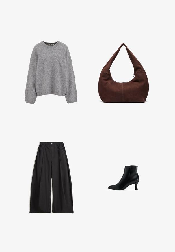 Miękki, jasnoszary sweter z dzianiny z długimi rękawami oraz ściągaczami przy mankietach, dolnym brzegu i okrągłym dekolcie.; Czerwono-biały pasiasty longsleeve z okrągłym dekoltem i luźnym krojem. Miękka tkanina z równym wzorem pasków.; Czarne spodnie o szerokich nogawkach z wysokim stanem, z plisami, z przodu zapinane na guzik oraz dwoma bocznymi kieszeniami. Wykonane z materiału o teksturowanym wykończeniu.; Czarny skórzany botek do kostki z ostrym czubkiem, eleganckim designem i zwężającym się, zakrzywionym obcasem. Gładka faktura z minimalnymi detalami ozdobnymi.; Brązowa zamszowa torba hobo z krzywym, szerokim uchwytem i dużym otworem. Miękka tekstura z widocznym szyciem wzdłuż krawędzi.