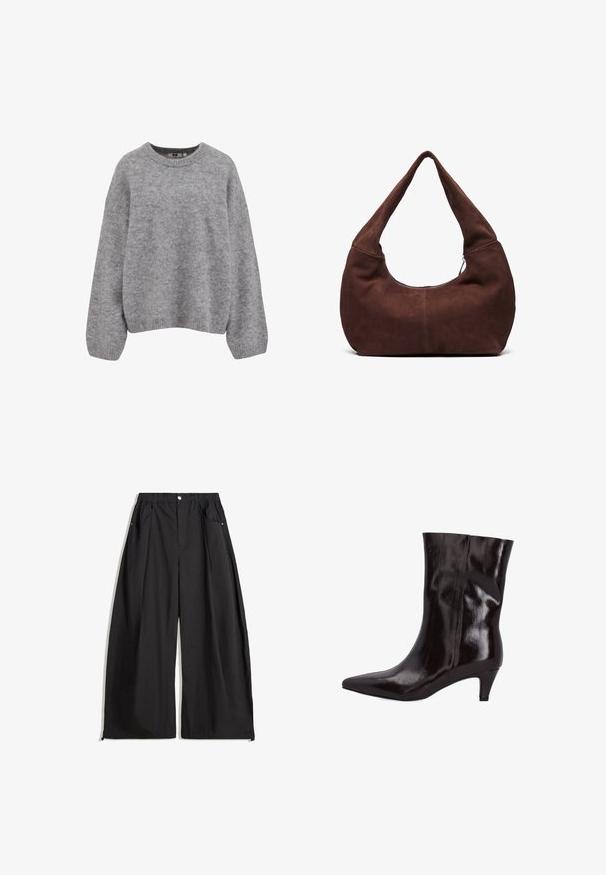 Zacht lichtgrijs gebreid trui met lange mouwen en geribde boorden, zoom en ronde hals.; Rood-wit gestreept shirt met lange mouwen, voorzien van een ronde hals en een loose fit. Zachte stof met een gelijkmatig streep patroon.; Zwarte wijde broek met een hoge tailleband, voorzien van plooien, een sluiting met een knop aan de voorkant en twee zijzakken. Gemaakt van stof met een textuurlook.; Bruine leren enkelboot met een spitse neus en een slanke hak van 5 cm. Glanzende textuur en naadloos ontwerp zonder zichtbare hardware of accenten.; Bruin suède hobo tas met een gebogen, brede handgreep en een grote opening. Zachte textuur met zichtbare stiksels langs de randen.