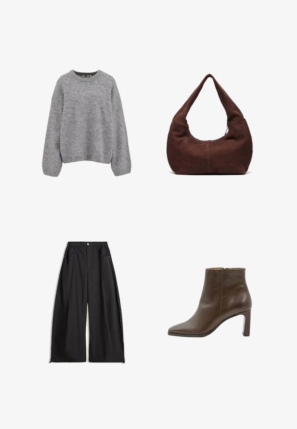 Blød lysegrå strikket sweater med lange ærmer og ribbede manchetter, kant og rund halsudskæring.; Klassisk hvid kortærmet T-shirt med rund hals og sort label ved kraven, lagt fladt mod en hvid baggrund.; Sorte vide bukser med høj talje, der har plisseringer, en frontlukning med knap og to sidelommer. Fremstillet af stof med en struktureret overflade.; Brun læder ankelstøvle med spids tå, blokhæl og lynlås på siden, vist mod en hvid baggrund.; Brun ruskinds hobo taske med et buet, bredt håndtag og en stor åbning. Blød tekstur med synlige stikninger langs kanterne.