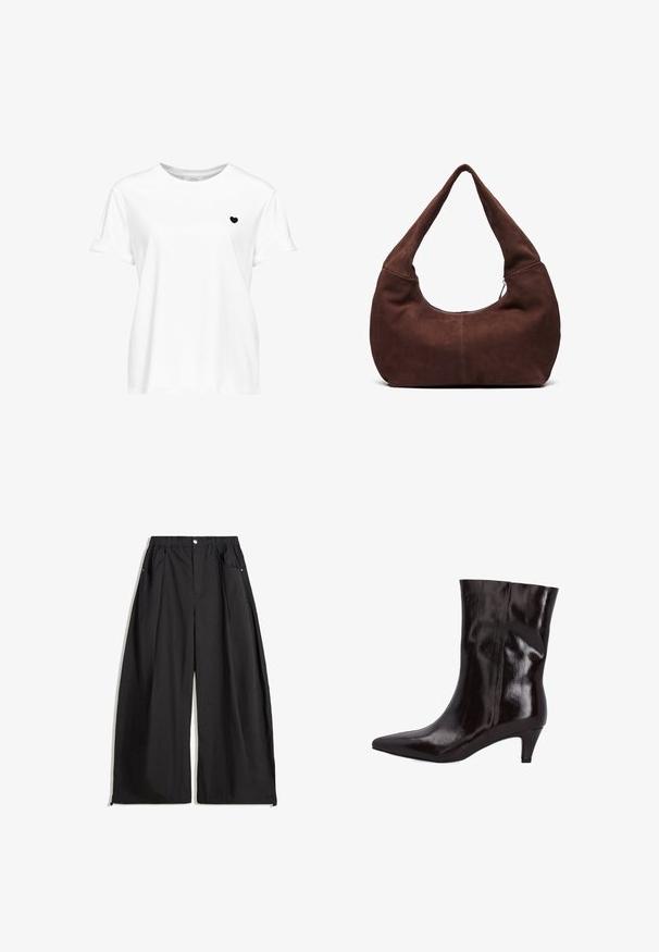 Weicher hellgrauer Strickpullover mit langen Ärmeln und gerippten Bündchen, Saum und Rundhalsausschnitt.; Weißes Baumwoll-T-Shirt mit kurzen, umgeschlagenen Ärmeln, das ein kleines schwarzes Herzdesign auf der linken Brustseite zeigt. Klassischer Rundhalsausschnitt.; Schwarze weite Hosen mit hoher Taille, ausgestattet mit Falten, einem Knopfverschluss vorne und zwei seitlichen Taschen. Hergestellt aus einem Stoff mit strukturiertem Finish.; Braune Leder-Ankle-Boots mit spitzer Zehenform und einem 5 cm hohen, schmalen Absatz. Glänzende Textur und nahtloses Design ohne sichtbare Beschläge oder Akzente.; Braune Wildleder-Hobo-Tasche mit einem gebogenen, breiten Griff und einer großen Öffnung. Weiche Textur mit sichtbaren abgesteppten Details entlang der Kanten.