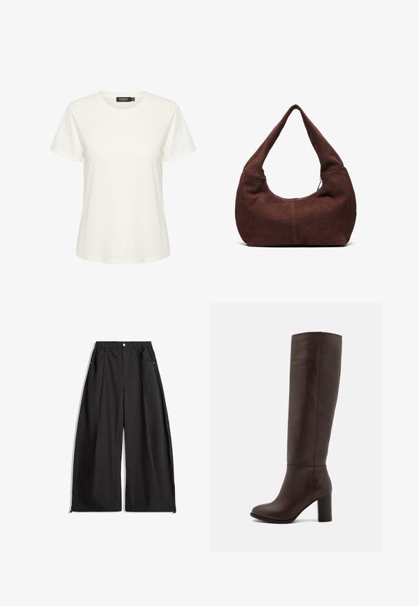 Weicher hellgrauer Strickpullover mit langen Ärmeln und gerippten Bündchen, Saum und Rundhalsausschnitt.; Weißes Baumwoll-T-Shirt mit kurzen Ärmeln und rundem Halsausschnitt. Enthält ein Etikett mit der Aufschrift "SOAKED" im Kragen. Schlichte, glatte Textur.; Schwarze weite Hosen mit hoher Taille, ausgestattet mit Falten, einem Knopfverschluss vorne und zwei seitlichen Taschen. Hergestellt aus einem Stoff mit strukturiertem Finish.; Braune Lederstiefel bis zum Knie mit Blockabsatz, glatter Textur, runder Spitze und minimalen Nahtdetails.; Braune Wildleder-Hobo-Tasche mit einem gebogenen, breiten Griff und einer großen Öffnung. Weiche Textur mit sichtbaren abgesteppten Details entlang der Kanten.
