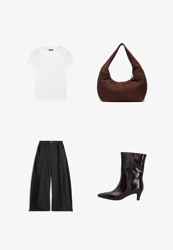 Blød lysegrå strikket sweater med lange ærmer og ribbede manchetter, kant og rund halsudskæring.; Hvid kortærmet t-shirt med rund hals lavet af bomuld, med et sort mærke indeni kraven.; Sorte vide bukser med høj talje, der har plisseringer, en frontlukning med knap og to sidelommer. Fremstillet af stof med en struktureret overflade.; Brun læder ankelstøvle med spids tå og en 2-tommer slank hæl. Blank overflade og sømløst design uden synligt hardware eller detaljer.; Brun ruskinds hobo taske med et buet, bredt håndtag og en stor åbning. Blød tekstur med synlige stikninger langs kanterne.
