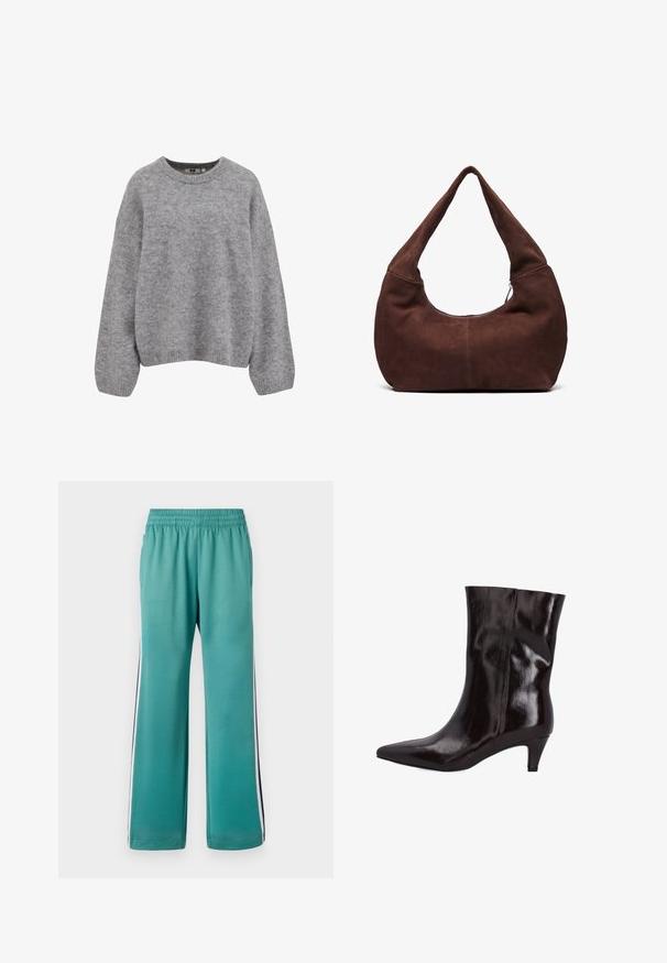 Soft light gray knit sweater with long sleeves and ribbed cuffs, hem, and crew neckline.; Teal sweatpants with an elastic waistband, wide legs, and side stripes in navy blue and white. Smooth fabric with a matte finish.; Brown leather ankle boot with a pointed toe and a 2-inch slim heel. Glossy texture and seamless design with no visible hardware or accents.; Brown suede hobo bag with a curved, wide handle and a large opening. Soft texture with visible stitching detailing along the edges.