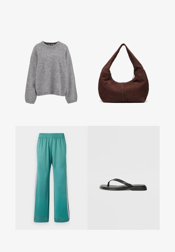 Mehka svetlo siva pletena jopica z dolgimi rokavi in ribastimi manšetami, robom in krojnim ovratnikom.; Turkizne trenirke z elastičnim pasom, širokimi nogami in stranskimi črtami v temno modri in beli barvi. Gladek material z mat površino.; Črne japanke iz gladke usnjene materiale, z tankim trakastim dizajnom in ravnim podplatom minimalnega profila. Brez opaznih vzorcev ali dodatkov.; Rjava semiš torba hobo z ukrivljenim, širokim ročajem in velikim odprtjem. Mehka tekstura z vidnimi šivi ob robovih.