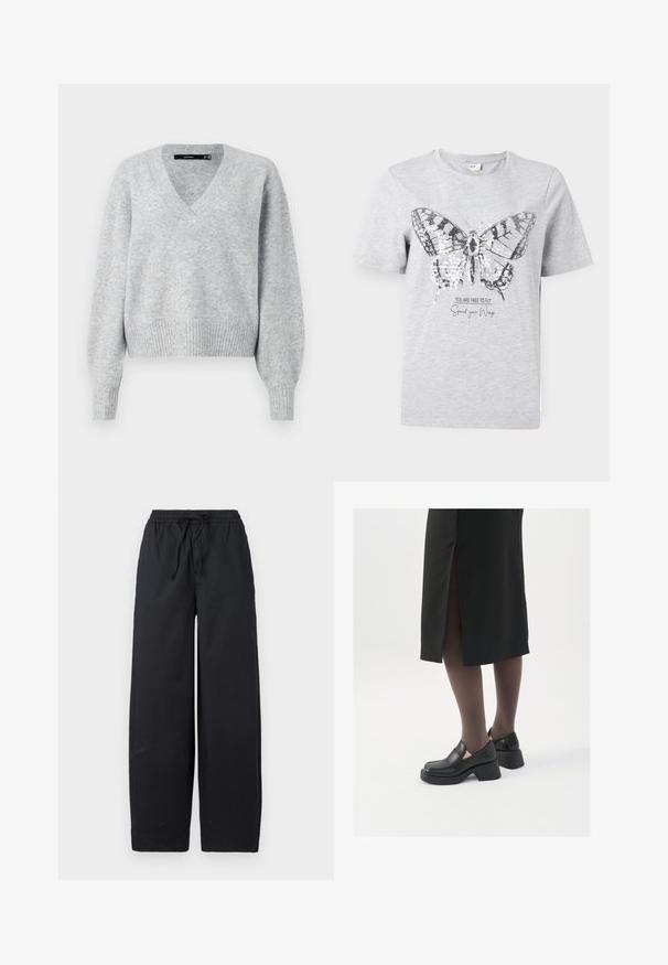 Maglioncino grigio lavorato a maglia con scollo a V, maniche lunghe a sbuffo e orlo a coste. Texture morbida con una vestibilità leggermente ampia, ideale per sovrapposizioni.; T-shirt in cotone grigio con grafica di una farfalla e dettagli in paillettes. Sotto si legge "SEI LIBERO DI VOLARE Apri le tue Ali."; Pantaloni neri a gamba larga realizzati in un tessuto morbido, dotati di una vita elastica con cordoncino e privi di motivi o dettagli visibili.; Scarpe in pelle nera con punta arrotondata, tacco spesso a blocco e accenti laterali in elastico, abbinate a collant scuri e una gonna nera con uno spacco.