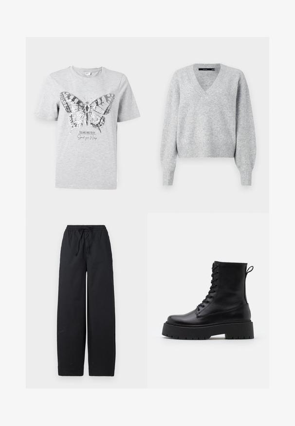 Sivi pleteni pulover s V-izrezom, dugim romantičnim rukavima i rebrastim rubom. Mekana tekstura s pomalo slobodnijim krojem, idealan za slojevito oblačenje.; Siva pamučna majica s grafikom leptira ukrašenom šljokicama. Ispod je natpis "SLOBODNO MOŽEŠ LETJETI Raširi svoja krila."; Crne široke hlače izrađene od mekog materijala, s elastičnim pojasom i vezicom, bez vidljivih uzoraka ili akcenata.; Crne kožne gležnjače s okruglim vrhom, vezanjem sprijeda i debelim gumenim potplatom s teksturiranim uzorkom. Tipa: traka za vuču na stražnjoj strani.