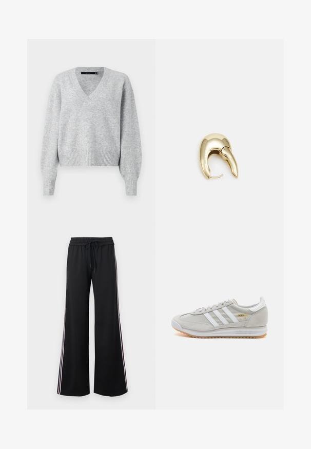 Grå strikket genser med V-hals, lange pufferm og ribbestrikket kant. Myk tekstur med en litt løs passform, ideell for lagdeling.; Sorte vid bukser laget av mykt stoff med elastisk midje og snøring. Har hvite og burdeaux sidestreker for kontrast.; Lys grå sneaker laget av semsket skinn og mesh, med tre hvite striper, rund tå og såle av gummi. Gull logo-aksent nær snørebåndene.; Gullfarget metalløredobber med et elegant, buet design. Har en karakteristisk spiss form, polert overflate og hengsel-lukking.
