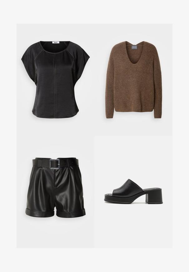 Brown, knitted sweater with a deep V-neck. Features long sleeves and a relaxed fit. Soft texture and subtle branding detail at the hem.; Black short-sleeve top with a relaxed fit, featuring a round neckline and contrasting tan stitching on the front and along the seams.; Black leather shorts with a wide waistband and a silver buckle. Features pleated front and rolled cuffs. Smooth texture and tailored design.; Black leather platform mules with a rounded open toe, low block heel, and smooth texture. Minimalist design with sleek lines.